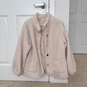 Drop Shoulder Pocket Patched White Furry Teddy Coat with White Black Buttons Siz